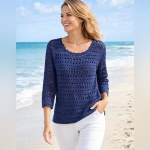 Pure Collection Navy Open Knit Bamboo Cotton Sweater S